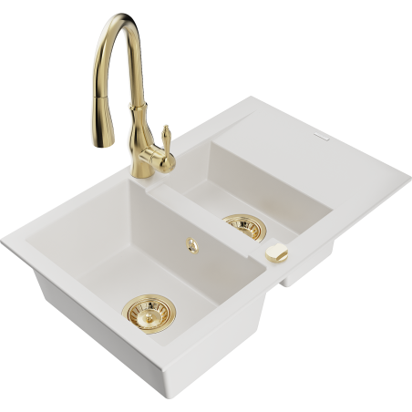 Mexen Gaspar Granitspüle 1,5-Kammer mit Abtropffläche und Küchenarmatur Savita, weiß - 6507-20-672601-50