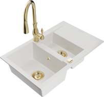 Mexen Gaspar granite sink 1.5-bowl with drainer and Savita kitchen faucet, white - 6507-20-672601-50
