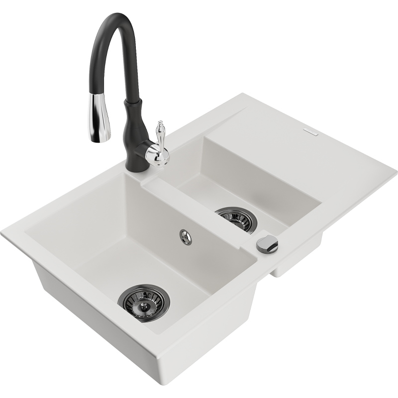 Mexen Gaspar fregadero de granito de 1,5 senos con escurridor y grifo de cocina Savita, blanco - 6507-20-672601-70