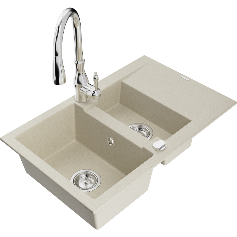 Mexen Gaspar fregadero de granito de 1,5 senos con escurridor y grifo de cocina Savita, beige - 6507-69-672601-00