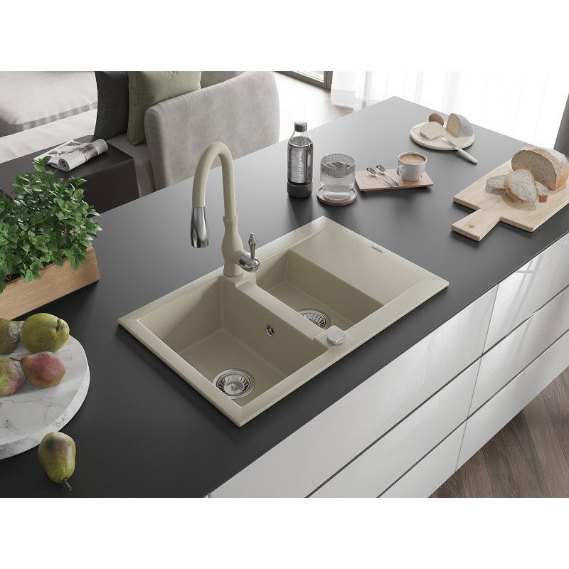 Mexen Gaspar granite sink 1.5-bowl with drainer and Savita kitchen tap, beige - 6507-69-672601-69