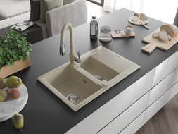Mexen Gaspar granite sink 1.5-bowl with drainer and Savita kitchen tap, beige - 6507-69-672601-69