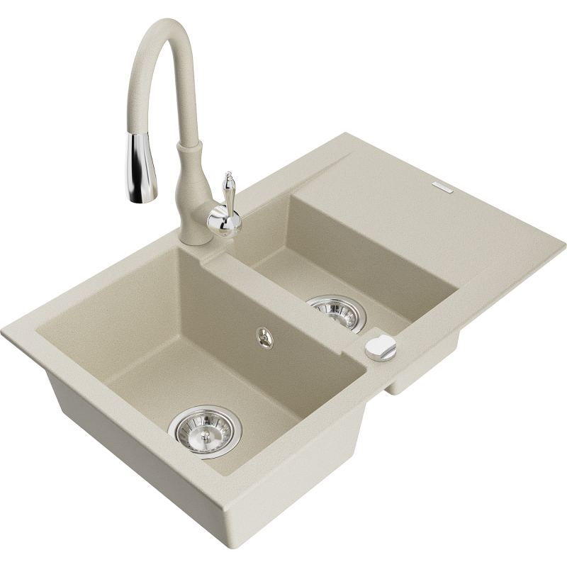 Mexen Gaspar fregadero de granito de 1,5 senos con escurridor y grifo de cocina Savita, beige - 6507-69-672601-69