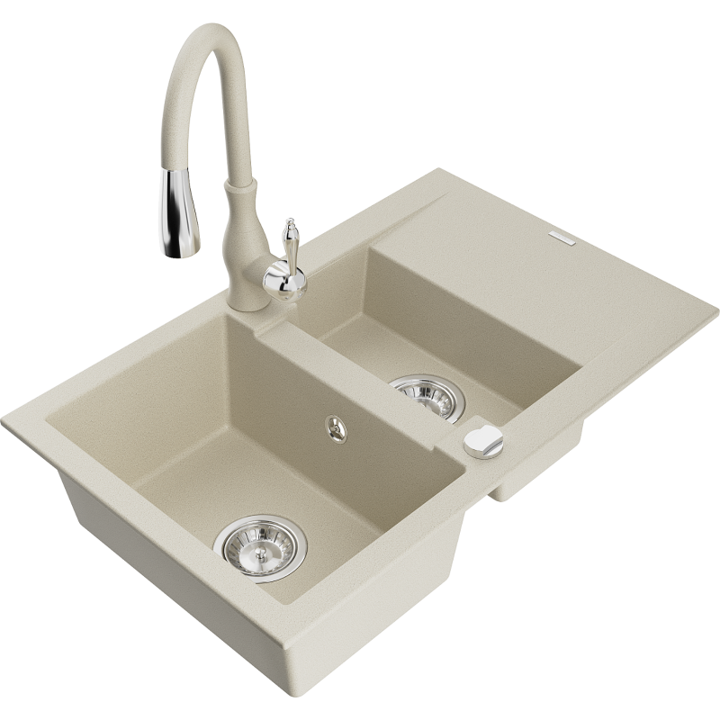 Mexen Gaspar granit diskbänk 1,5-fack med avrinningsområde och köksblandare Savita, beige - 6507-69-672601-69