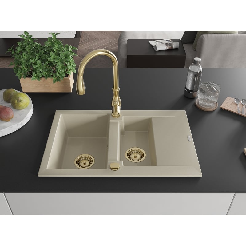 Mexen Gaspar 1.5-bowl granite sink with drainer and Savita kitchen faucet, beige - 6507-69-672601-50