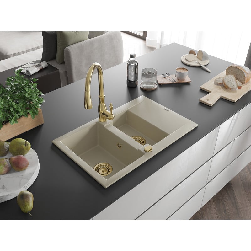 Mexen Gaspar fregadero de granito de 1,5 senos con escurridor y grifo de cocina Savita, beige - 6507-69-672601-50