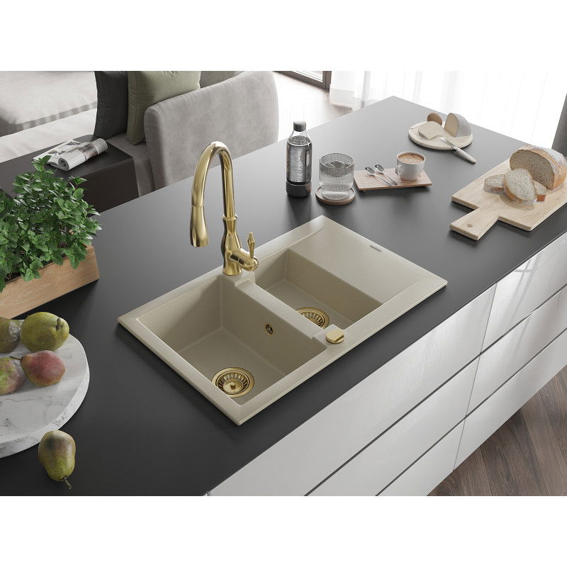 Mexen Gaspar Granitspüle 1,5-Becken mit Abtropffläche und Küchenarmatur Savita, beige - 6507-69-672601-50