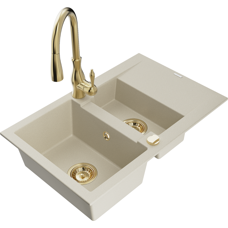 Mexen Gaspar fregadero de granito de 1,5 senos con escurridor y grifo de cocina Savita, beige - 6507-69-672601-50
