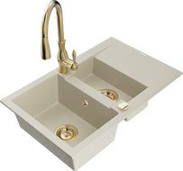 Mexen Gaspar 1.5-bowl granite sink with drainer and Savita kitchen faucet, beige - 6507-69-672601-50