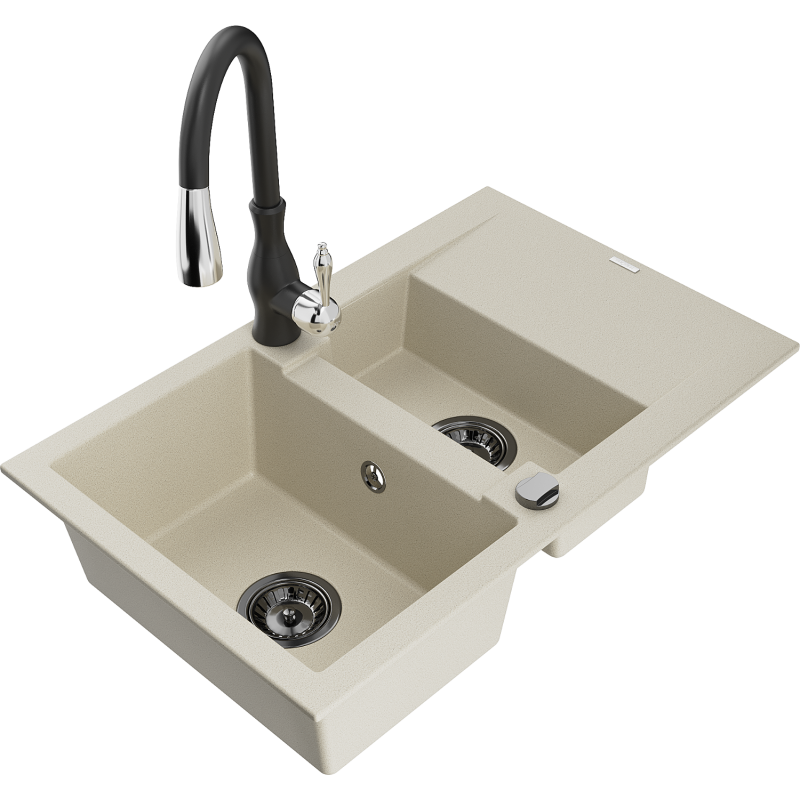 Mexen Gaspar évier en granit 1,5 bac avec égouttoir et robinet de cuisine Savita, beige - 6507-69-672601-70