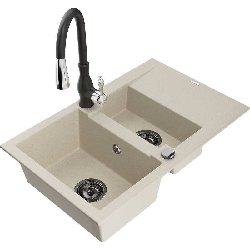 Mexen Gaspar fregadero de granito de 1,5 senos con escurridor y grifo de cocina Savita, beige - 6507-69-672601-70