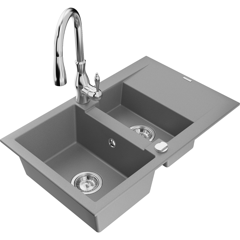 Mexen Gaspar fregadero de granito de 1,5 senos con escurridor y grifo de cocina Savita, gris - 6507-71-672601-00
