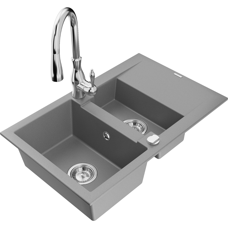 Mexen Gaspar granite sink 1.5-bowl with drainer and Savita kitchen tap, grey - 6507-71-672601-00