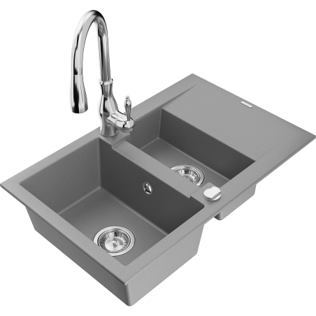 Mexen Gaspar évier granit 1,5 bac avec égouttoir et robinet de cuisine Savita, gris - 6507-71-672601-00