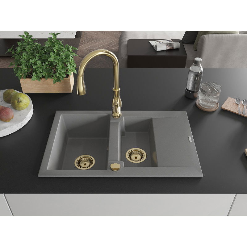 Mexen Gaspar granite sink 1.5-bowl with drainer and Savita kitchen tap, grey - 6507-71-672601-50