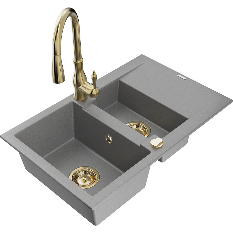 Mexen Gaspar fregadero de granito 1,5 tazones con escurridor y grifo de cocina Savita, gris - 6507-71-672601-50