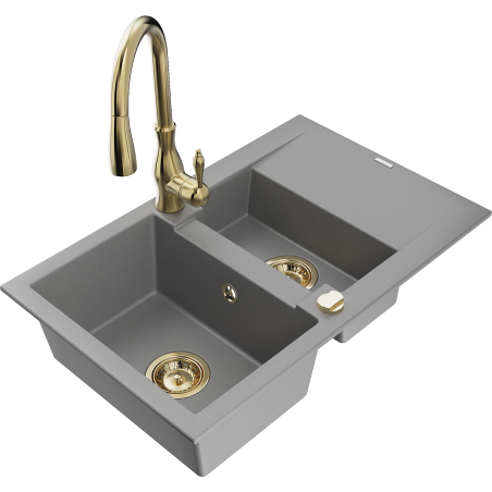 Mexen Gaspar granite sink 1.5-bowl with drainer and Savita kitchen tap, grey - 6507-71-672601-50