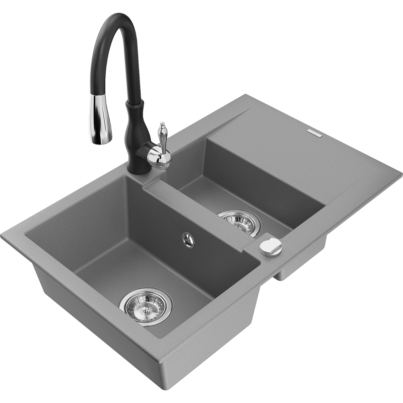 Mexen Gaspar fregadero de granito 1,5-compartimentos con escurridor y grifo de cocina Savita, gris - 6507-71-672601-70