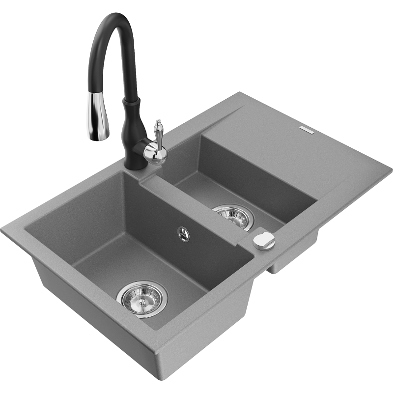 Mexen Gaspar granite sink 1.5-bowl with drainer and Savita kitchen tap, grey - 6507-71-672601-70