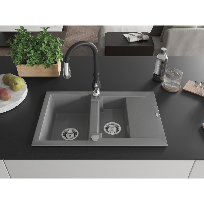 Mexen Gaspar évier en granit 1,5 cuves avec égouttoir et robinet de cuisine Savita, gris - 6507-71-672601-70