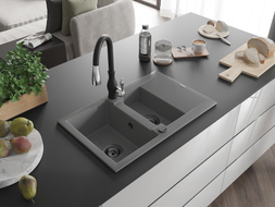 Mexen Gaspar 1.5-bowl granite sink with drainer and Savita kitchen faucet, gray - 6507-71-672601-70-B