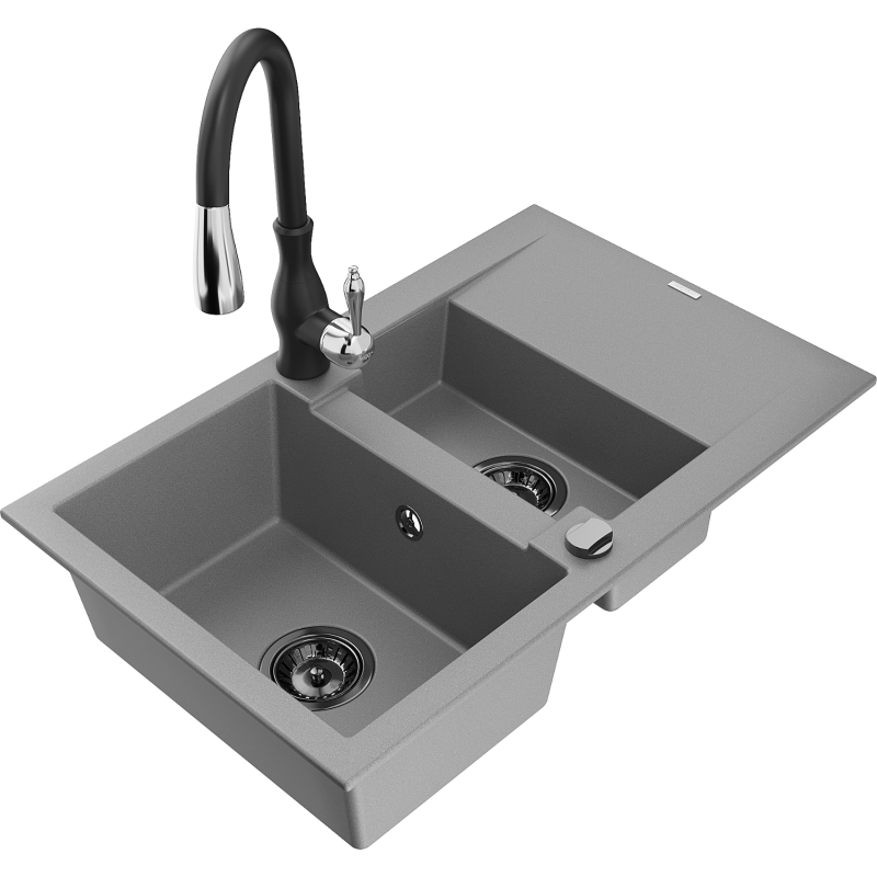 Mexen Gaspar évier en granit 1,5 bac avec égouttoir et robinet de cuisine Savita, gris - 6507-71-672601-70-B