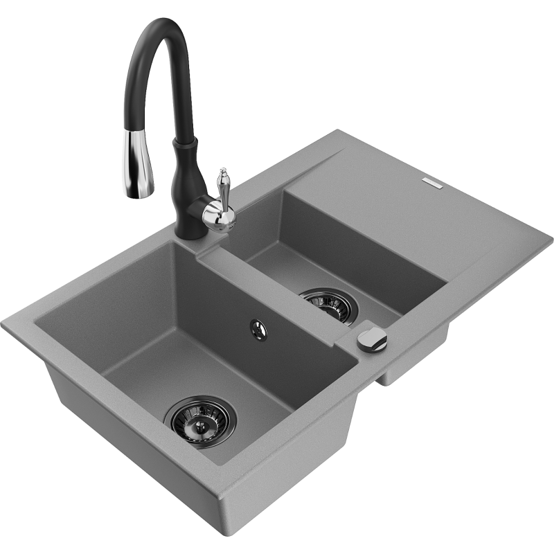 Mexen Gaspar fregadero de granito de 1,5 cámaras con escurridor y grifo de cocina Savita, gris - 6507-71-672601-70-B
