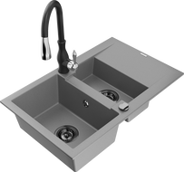 Mexen Gaspar fregadero de granito de 1,5 cámaras con escurridor y grifo de cocina Savita, gris - 6507-71-672601-70-B