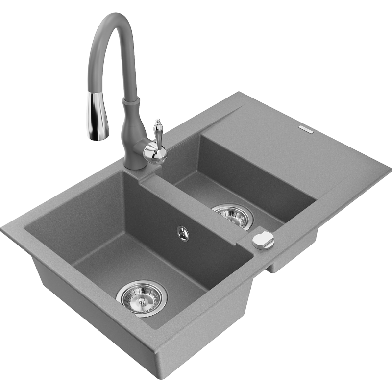 Mexen Gaspar lava-loiça de granito 1,5-cuba com escorredor e torneira de cozinha Savita, cinza - 6507-71-672601-71