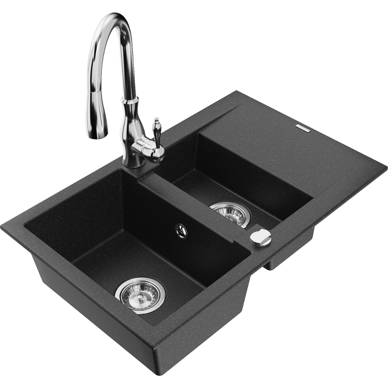 Mexen Gaspar 1.5-bowl granite kitchen sink with drainer and Savita kitchen tap, black/silver - 6507-73-672601-00