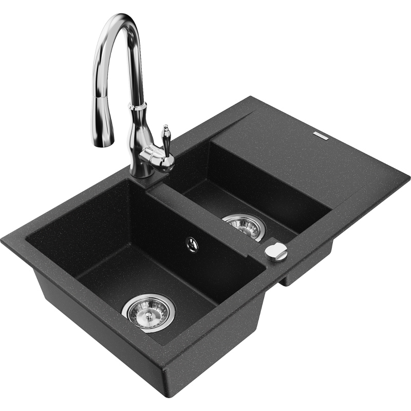 Mexen Gaspar fregadero de granito de 1,5 cubetas con escurridor y grifo de cocina Savita, negro/plateado - 6507-73-672601-00