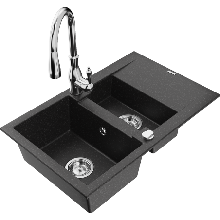 Mexen Gaspar 1.5-bowl granite kitchen sink with drainer and Savita kitchen tap, black/silver - 6507-73-672601-00