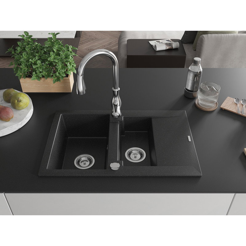 Mexen Gaspar 1.5-bowl granite kitchen sink with drainer and Savita kitchen tap, black/silver - 6507-73-672601-00