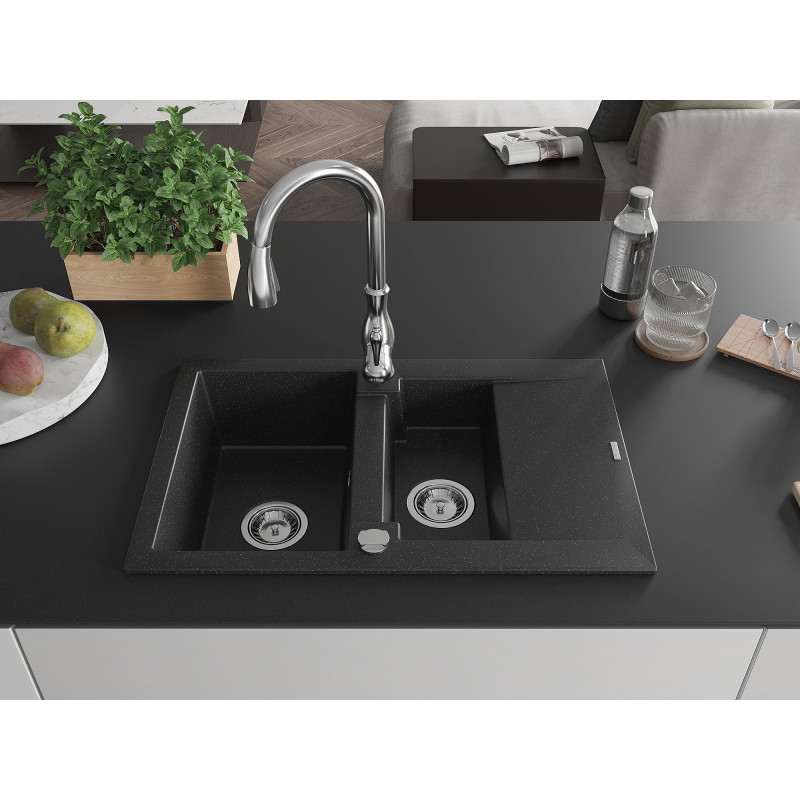 Mexen Gaspar fregadero de granito de 1,5 senos con escurridor y grifo de cocina Savita, negro/plata - 6507-73-672601-00