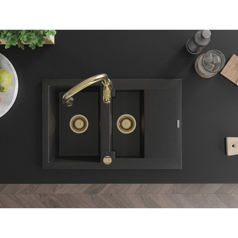 Mexen Gaspar granite sink 1.5-bowl with drainer and Savita kitchen tap, black/silver - 6507-73-672601-50