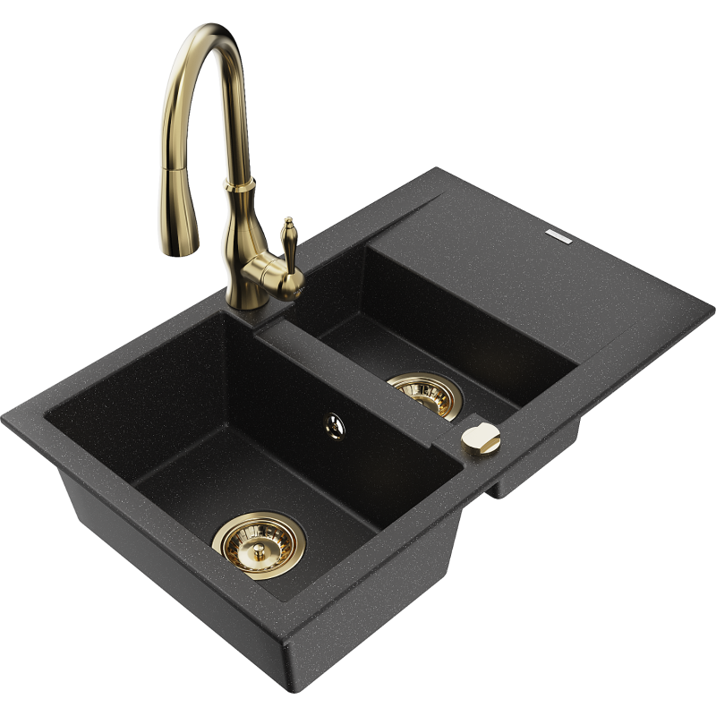 Mexen Gaspar lava-louça de granito 1,5-câmaras com escorredor e torneira de cozinha Savita, preto/prateado - 6507-73-672601-50