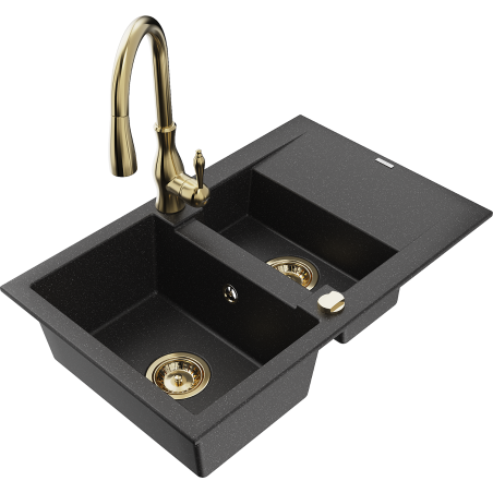 Mexen Gaspar granite sink 1.5-bowl with drainer and kitchen faucet Savita, black/silver - 6507-73-672601-50