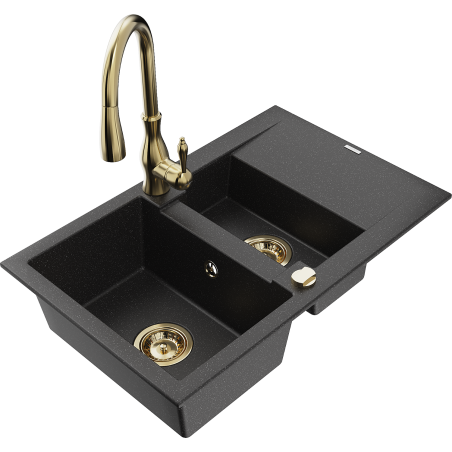 Mexen Gaspar granite sink 1.5-bowl with drainer and Savita kitchen tap, black/silver - 6507-73-672601-50