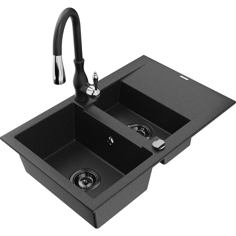 Mexen Gaspar fregadero de granito de 1,5 senos con escurridor y grifo de cocina Savita, negro/plata - 6507-73-672601-70-B