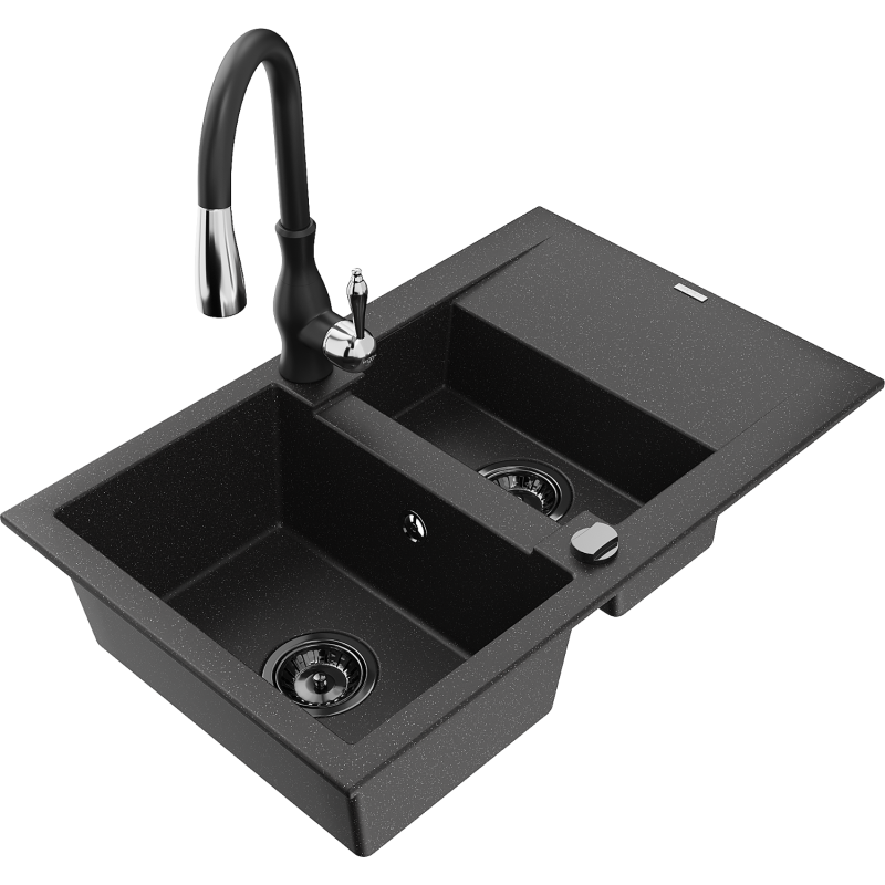 Mexen Gaspar granite sink 1.5-bowl with drainer and Savita kitchen tap, black/silver - 6507-73-672601-70-B