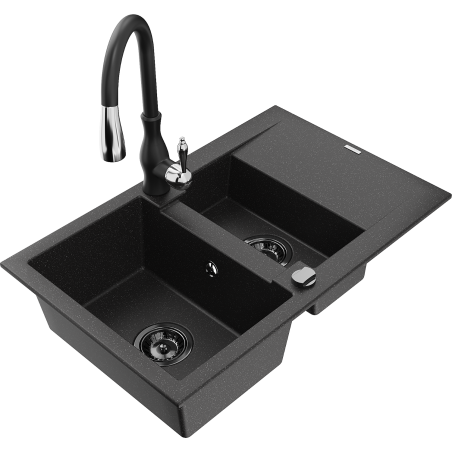 Mexen Gaspar fregadero de granito de 1,5 senos con escurridor y grifo de cocina Savita, negro/plata - 6507-73-672601-70-B