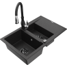 Mexen Gaspar granite sink 1.5-bowl with drainer and Savita kitchen tap, black/silver - 6507-73-672601-70-B