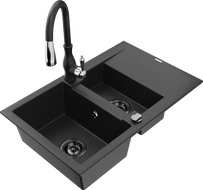 Mexen Gaspar fregadero de granito de 1,5 senos con escurridor y grifo de cocina Savita, negro/plata - 6507-73-672601-70-B