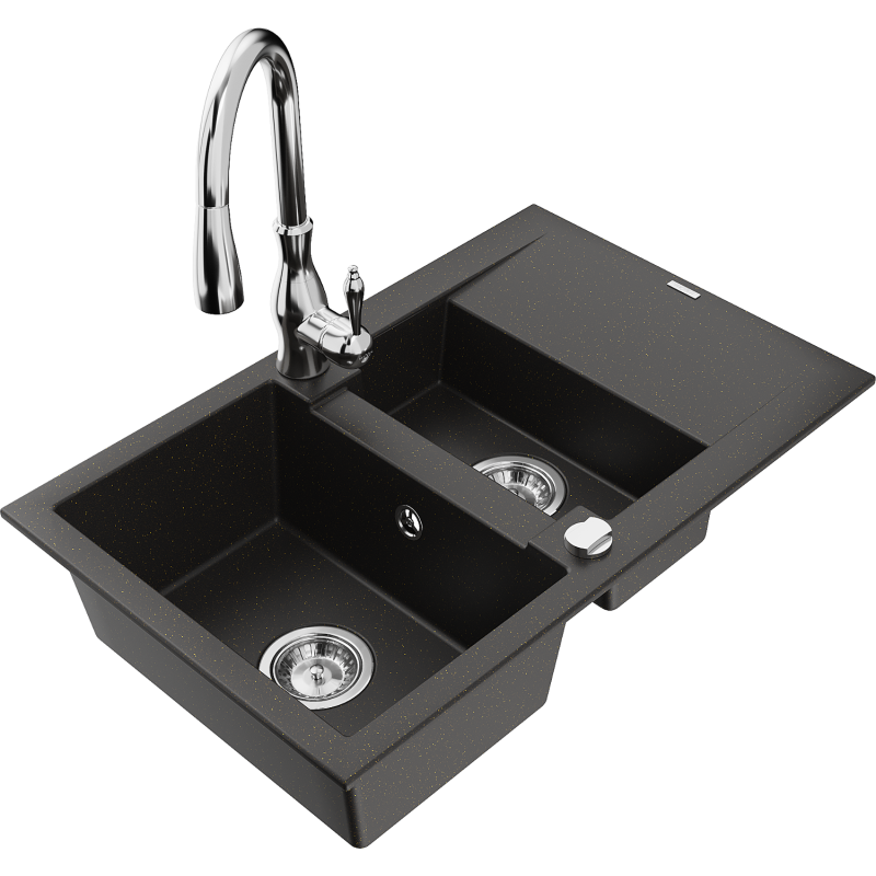 Mexen Gaspar 1.5-bowl granite sink with drainer and Savita kitchen tap, black/gold - 6507-75-672601-00