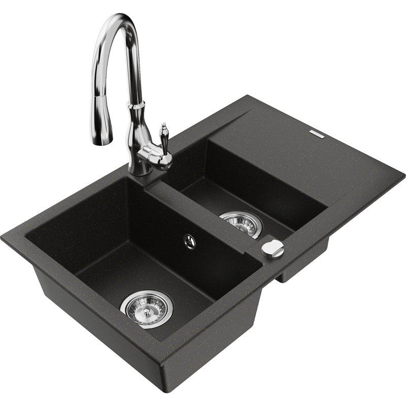 Mexen Gaspar fregadero de granito 1,5 cámaras con escurridor y grifo de cocina Savita, negro/dorado - 6507-75-672601-00