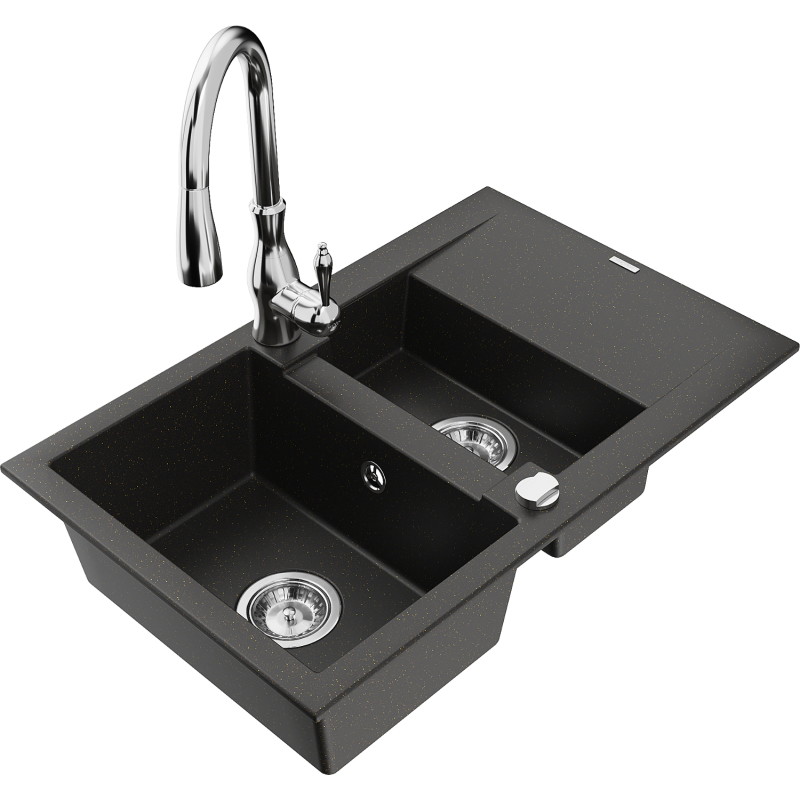 Mexen Gaspar Granitspüle 1,5-Becken mit Abtropffläche und Küchenarmatur Savita, schwarz/gold - 6507-75-672601-00