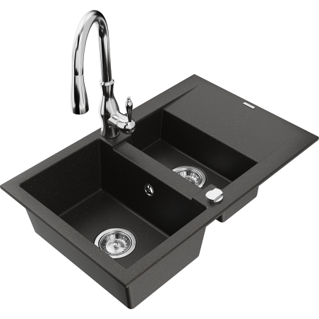 Mexen Gaspar fregadero de granito 1,5 cámaras con escurridor y grifo de cocina Savita, negro/dorado - 6507-75-672601-00