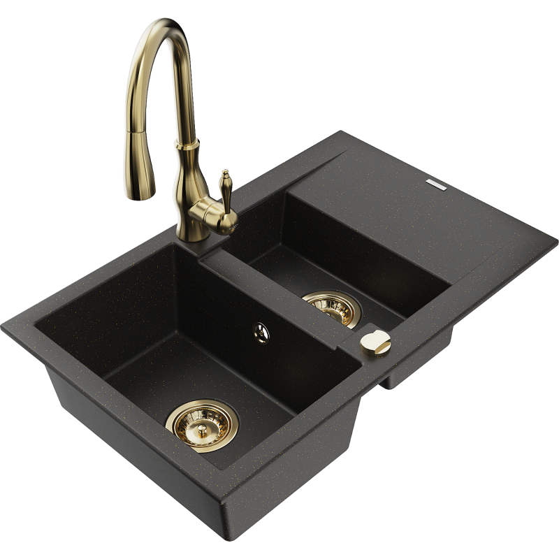 Mexen Gaspar granite sink 1.5-bowl with drainer and Savita kitchen tap, black/gold - 6507-75-672601-50
