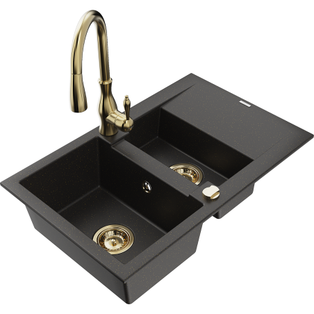 Mexen Gaspar fregadero de granito de 1,5 cubetas con escurridor y grifo de cocina Savita, negro/dorado - 6507-75-672601-50