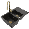 Mexen Gaspar granite sink 1.5-bowl with drainer and Savita kitchen tap, black/gold - 6507-75-672601-50